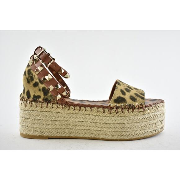 Valentino Rockstud Leopard Black Ankle Strap Platform Espadrille Wedge Sandal 38 - Picture 2 of 11